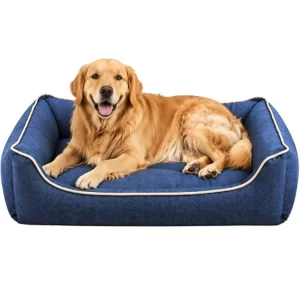 Medium/Large Comfortable Dog Bed in denim blue with raised bolster edge, washable cover and soft filling