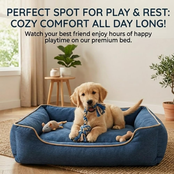 Comfortable Dog Bed designed with low-entry access and supportive bolster border for medium dogs at home