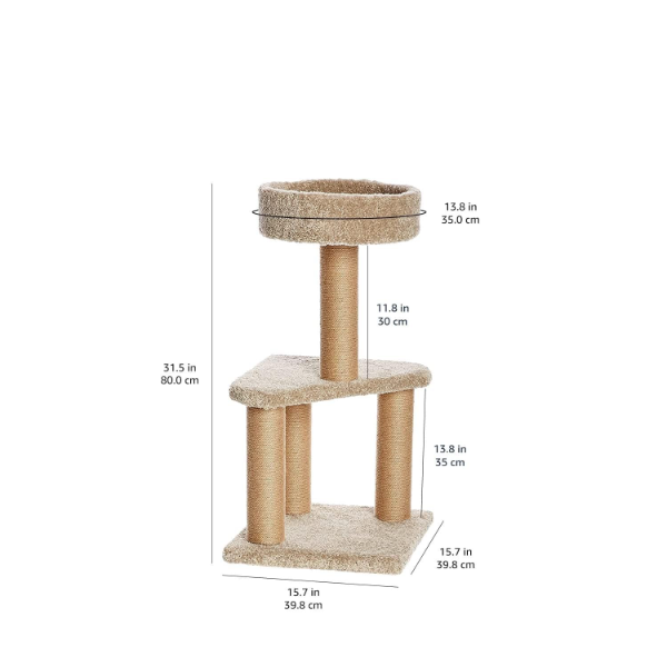 Medium cat tree with raised round platform creating elevated resting space for indoor cats to relax comfortably