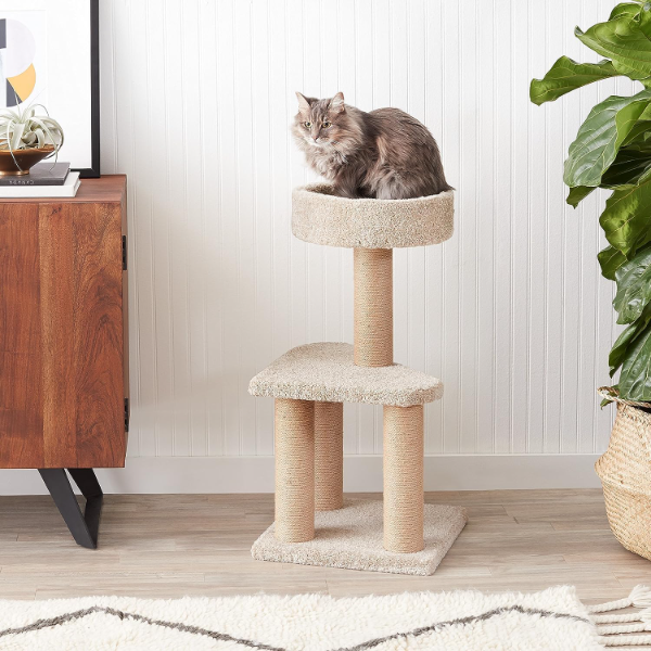 Medium cat tree showing three natural jute scratching posts supporting daily claw maintenance for indoor cats