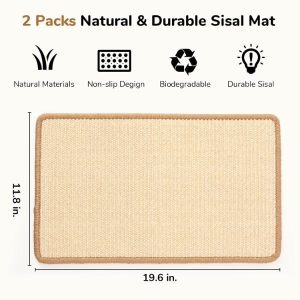 Natural sisal cat scratching mat secured on a wall for indoor cats to stretch and scratch comfortably