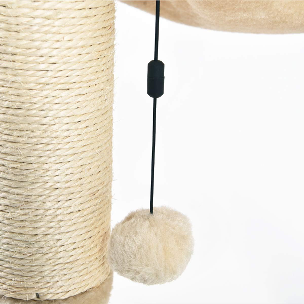 Cat tree hammock showing plush suspended bed between natural jute scratching posts for indoor feline comfort