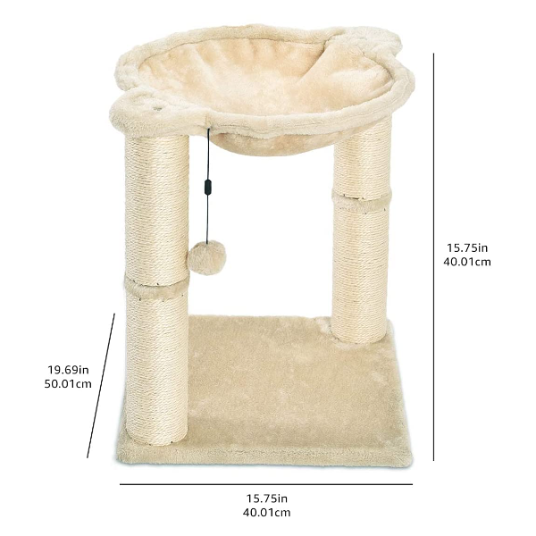 Cat tree hammock featuring natural jute scratching posts with replaceable hanging toy for active indoor cats
