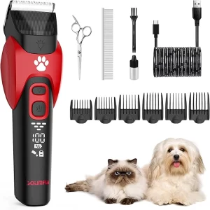 Solimpia Rechargeable Pet Grooming Trimmer Kit for Dogs & Cats with LCD Display and Guide Combs