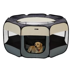 Foldable Pet Playpen with breathable mesh windows and spacious indoor enclosure for pets at home or travel