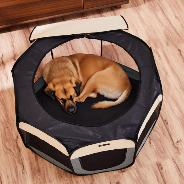 Foldable Pet Playpen showing mesh zip door with breathable panels for easy pet access and ventilation indoors