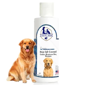 Golden Retriever Dog Shampoo bottles for hair fall control and coat strengthening with botanical oils formula