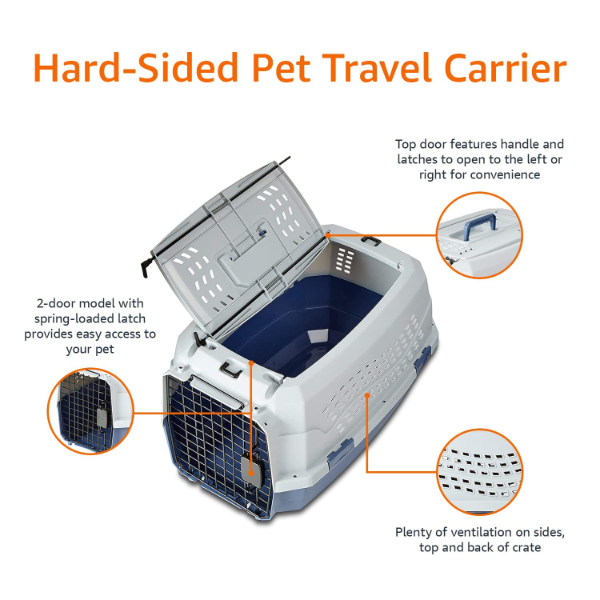 Top load pet kennel with durable plastic body and steel wire front door for secure everyday transport