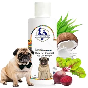 Pug Dog Shampoo bottle for hair fall control with botanical oils and lemon scent for routine grooming
