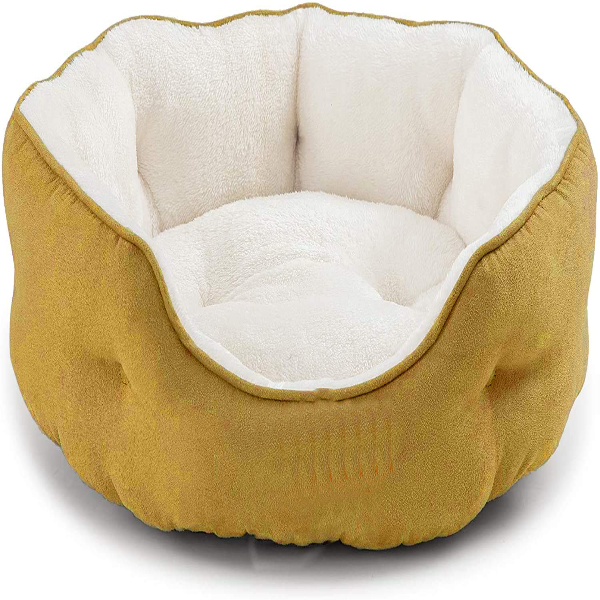 PAWSOME round cat bed for indoor cats in beige with plush fleece finish and removable soft pillow for comfort