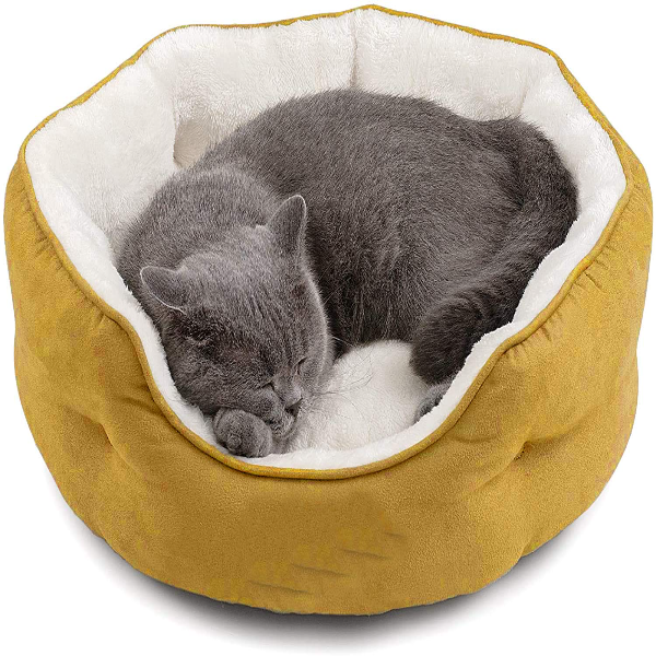 Round cat bed with removable cushion showing soft fleece sleeping area for indoor cats and small puppies