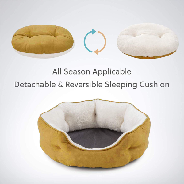Washable round cat bed with plush fleece fabric and removable pillow for indoor cats and puppies