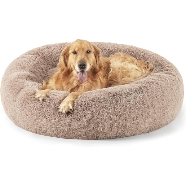 Round Donut Pet Bed with plush polyester surface, raised rim and soft cushioned centre for cats and dogs