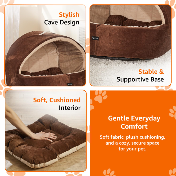 Pet bed cave showing soft velvet exterior and padded interior for comfortable indoor pet resting every day