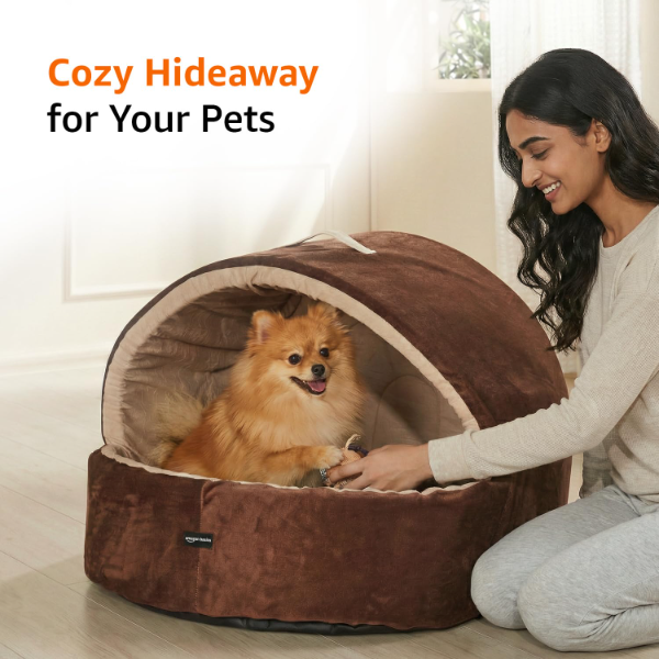 Pet bed cave in beige and russet colours providing sheltered indoor sleeping space for small pets and cats