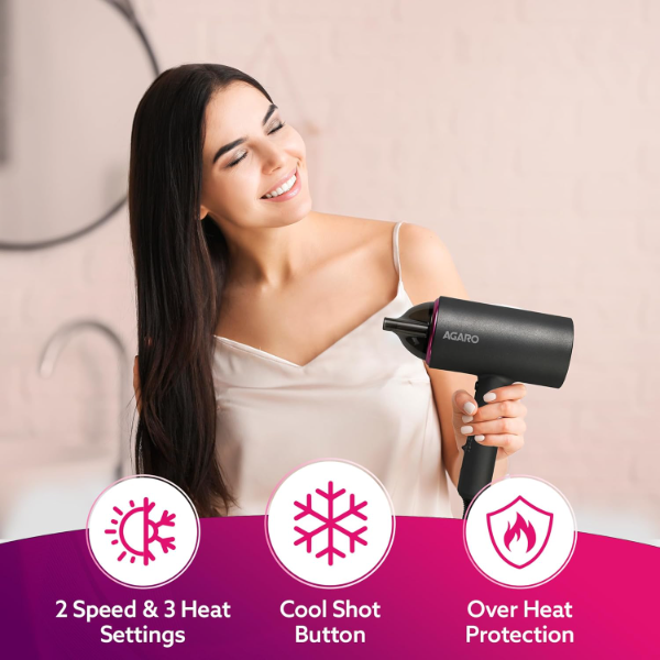 AGARO Premium 1400W hair dryer showing lightweight body and honeycomb air inlet design