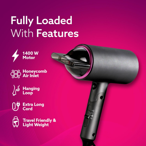 AGARO Premium 1400W hair dryer displaying cool shot button and three temperature control settings clearly