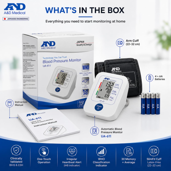 A&D automatic blood pressure monitor displaying memory and health monitoring features for home use