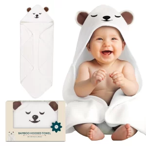 NINTARABABY bamboo hooded baby towel in white with a cute bear design for newborn bath time