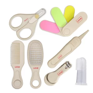 Baby grooming kit for newborns with nail scissors, brush, comb, filer, tweezer and finger brush
