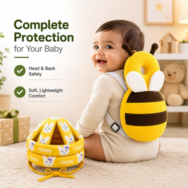 Baby back protector with lightweight breathable fabric and soft protective head hat for toddlers