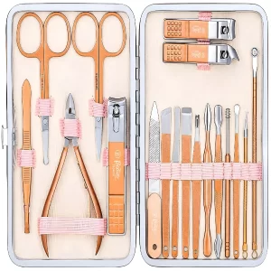 Beauté Secrets Manicure Pedicure Kit with stainless steel grooming tools in a compact rose gold travel case