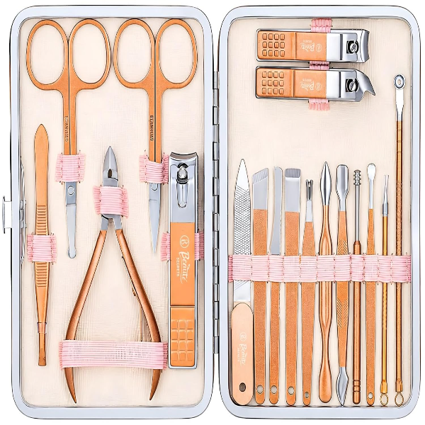 Beauté Secrets Manicure Pedicure Kit with stainless steel grooming tools in a compact rose gold travel case