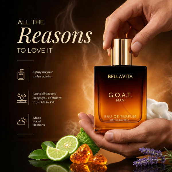 Bella Vita G.O.A.T men's Eau De Parfum packaging highlighting bergamot vetiver and woody fragrance profile