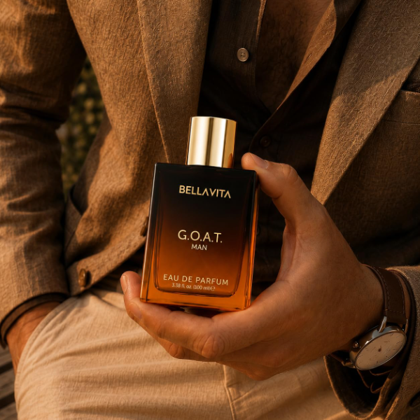 Bella Vita G.O.A.T men's Eau De Parfum bottle suitable for gifting with woody musky fragrance composition