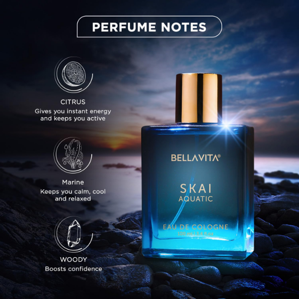 Bella Vita Skai Aquatic perfume with refreshing unisex fragrance inspired by citrus aromatic and woody notes