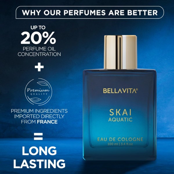 Bella Vita Skai Aquatic perfume showcasing long lasting unisex eau de cologne with woody citrus fragrance notes