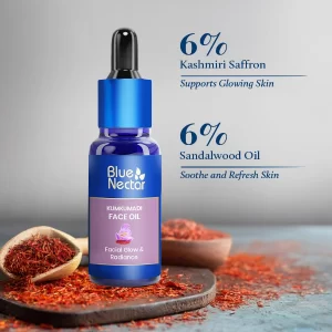Blue Nectar Kumkumadi Face Oil with 26 Ayurvedic herbs for glowing skin in 30ml facial oil bottle