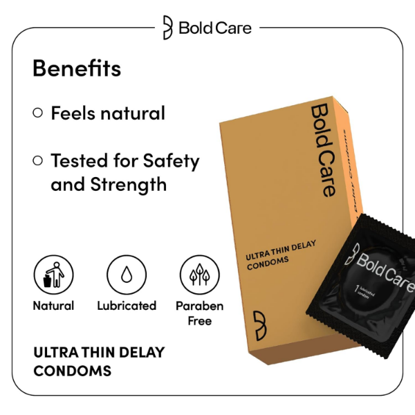 Ultra thin condoms from Bold Care with lubrication, 60-micron latex and disposable pouches for use