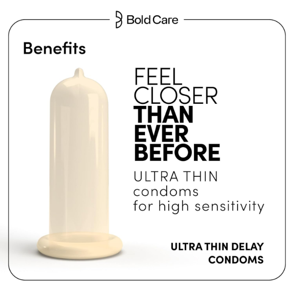 Ultra thin condoms by Bold Care with transparent extra-thin design and 4.5% benzocaine specified