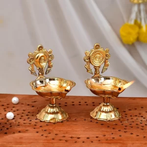 Brass Shanku Chakra Diya Set with 20 pieces for Diwali puja room and home décor display
