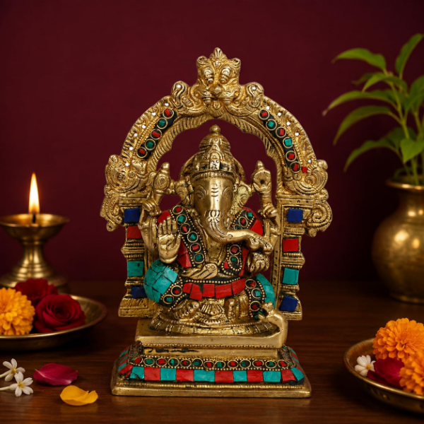 Brass Ganesha Idol with Prabhavali arch and colourful stonework for puja room and home décor