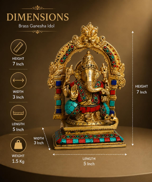 Brass Ganesha Idol seated in Lalitasana pose with detailed Prabhavali stonework and arch design