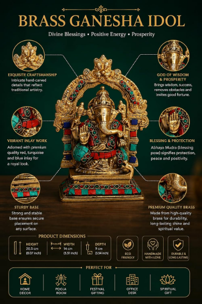Brass Ganesha Idol with left-tilted trunk and multicolour stone inlays for spiritual home décor