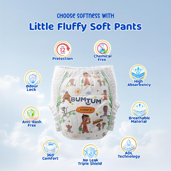 Bumtum large diaper pants with double bubble cuff and 12-hour leak protection for daily use