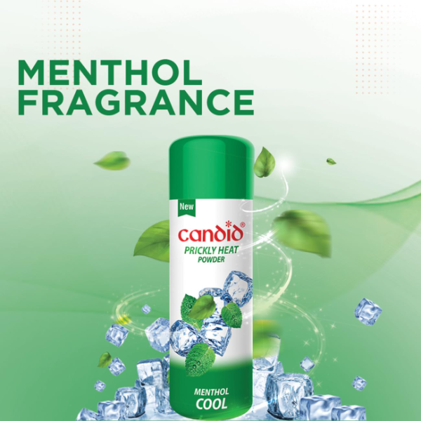 Candid Prickly heat powder packaging highlighting sweat absorption and quick dry skin protection formula