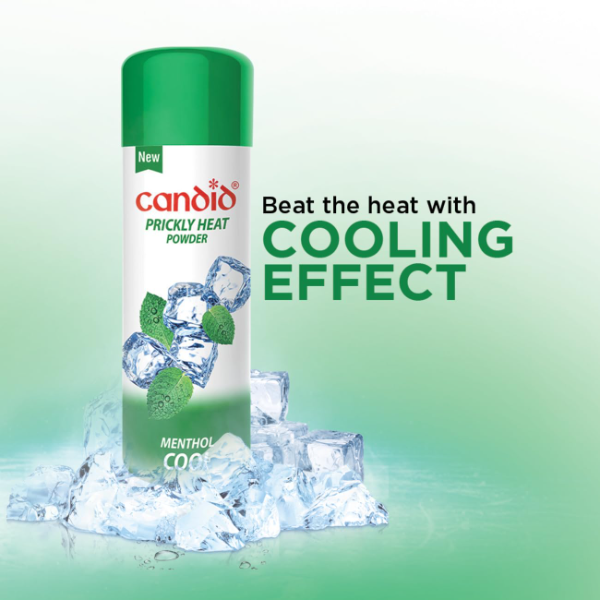 Candid Prickly heat powder container displaying antibacterial formula with cooling menthol skin care benefits