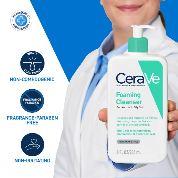 CeraVe Foaming Cleanser for Normal to Oily Skin foaming facial cleanser removing excess oil and makeup