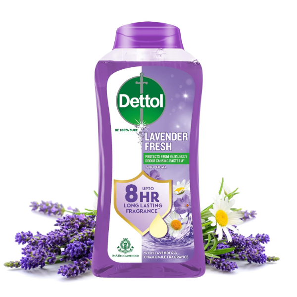Dettol Lavender body wash bottles featuring soap-free daily cleansing formula for men and women use