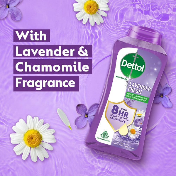 Dettol Lavender body wash packaging displaying lavender fresh fragrance and everyday shower gel formulation