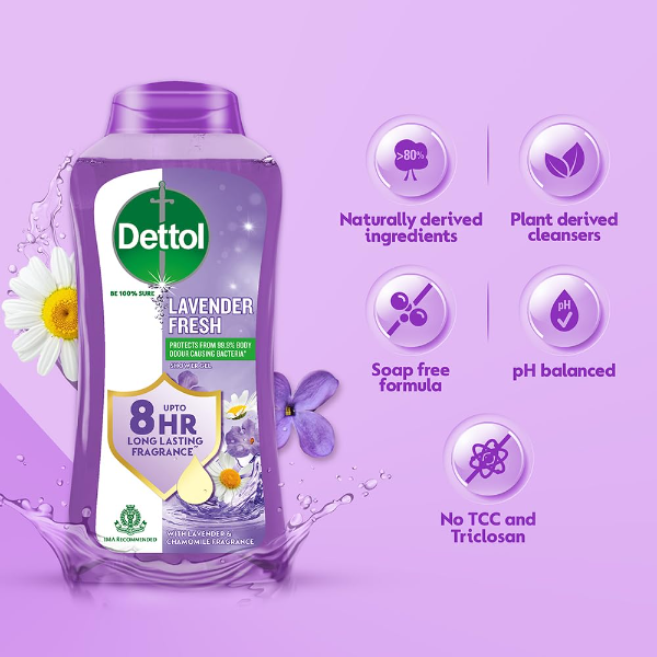 Dettol Lavender body wash bottles showing pH balanced formula with long lasting fragrance for regular use