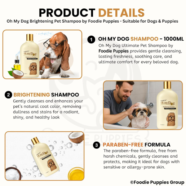 Brightening dog shampoo designed to enhance coat tones while leaving hair smooth and shiny