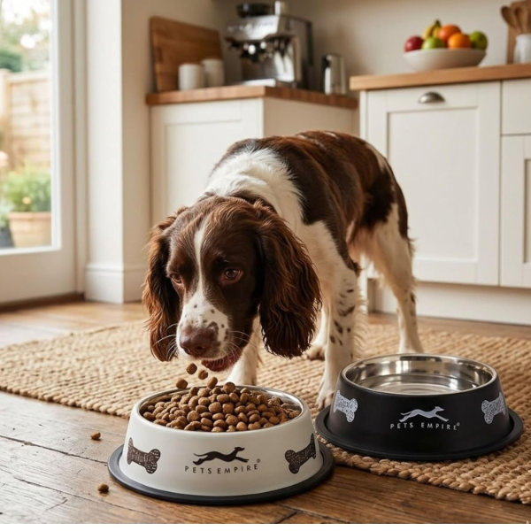Black grey anti tip dog bowl with stable wide base for feeding