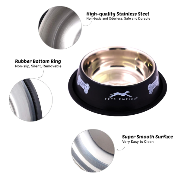 Medium dog food bowl in black and grey with bone print finish