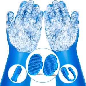 Dog grooming kit with silicone washing gloves, bath brushes and finger toothbrushes for pet care