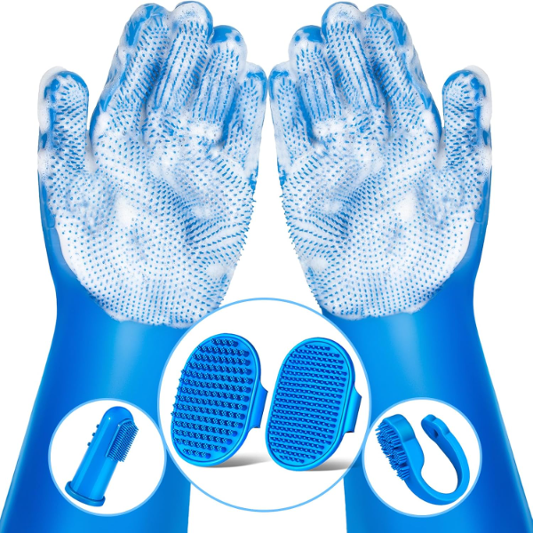 Dog grooming kit with silicone washing gloves, bath brushes and finger toothbrushes for pet care